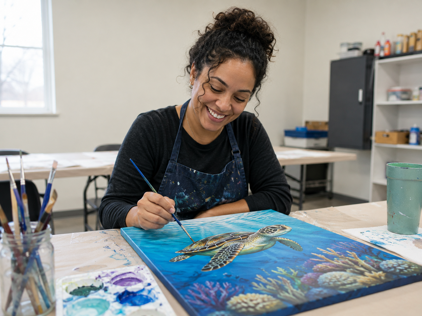 Student creating sea turtle-inspired artwork