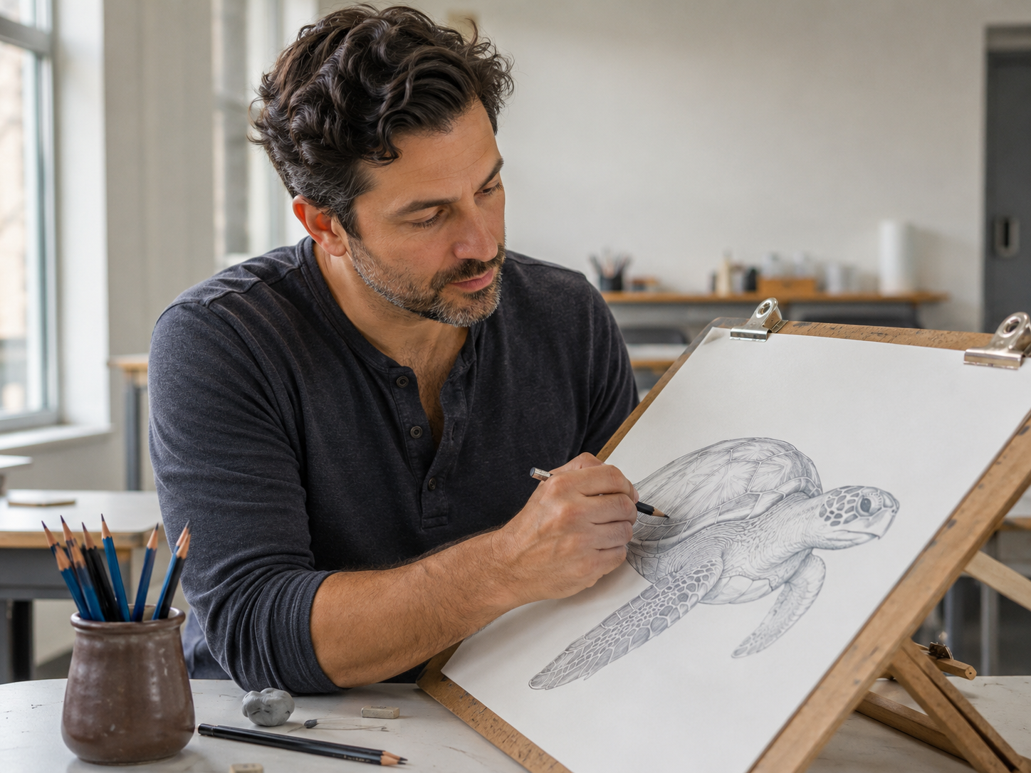 Adults creating sea turtle-inspired artwork in class